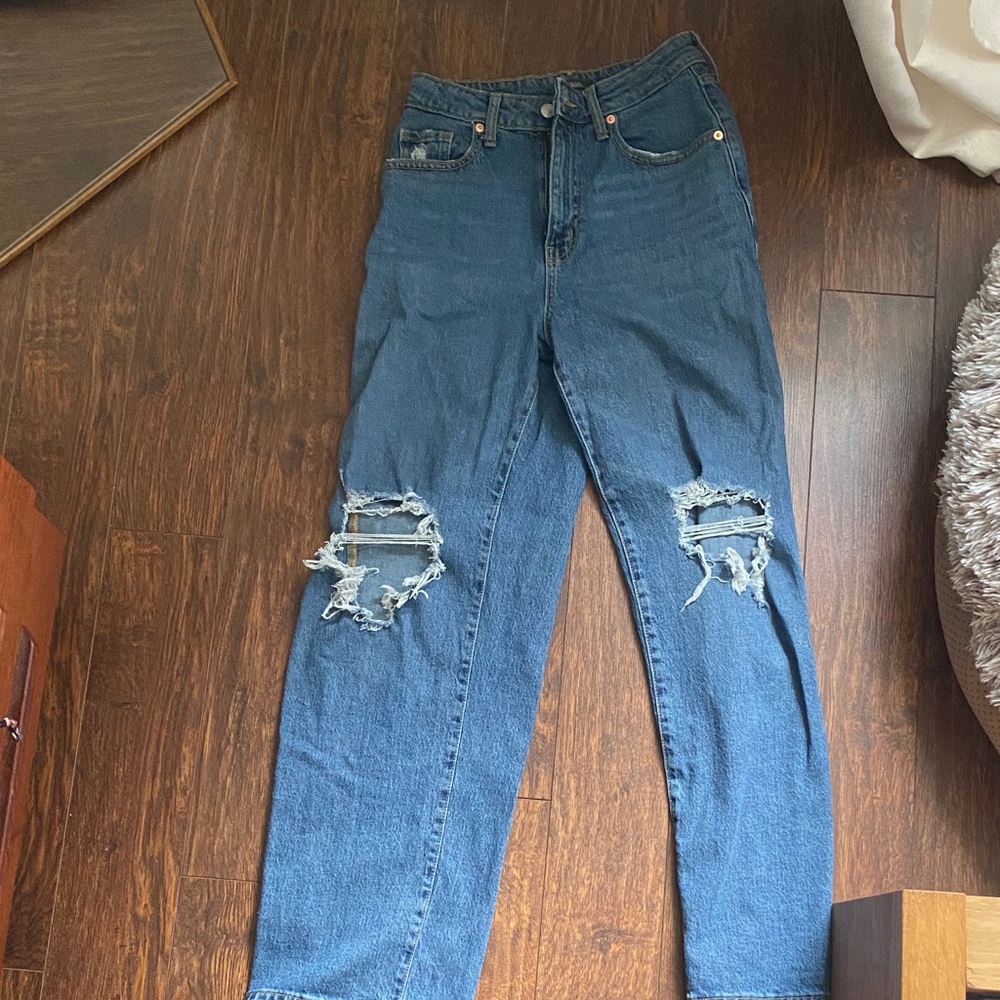 Distressed Blue Denim Jeans wide leg